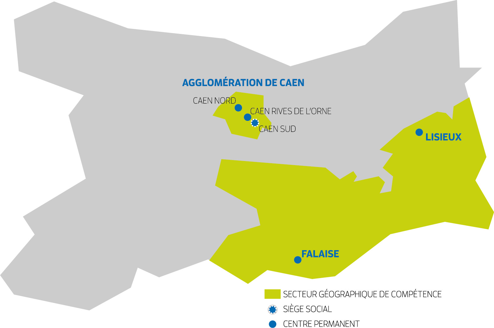 Zone géographique de compétence de Prévention Santé et Travail Calvados PST14